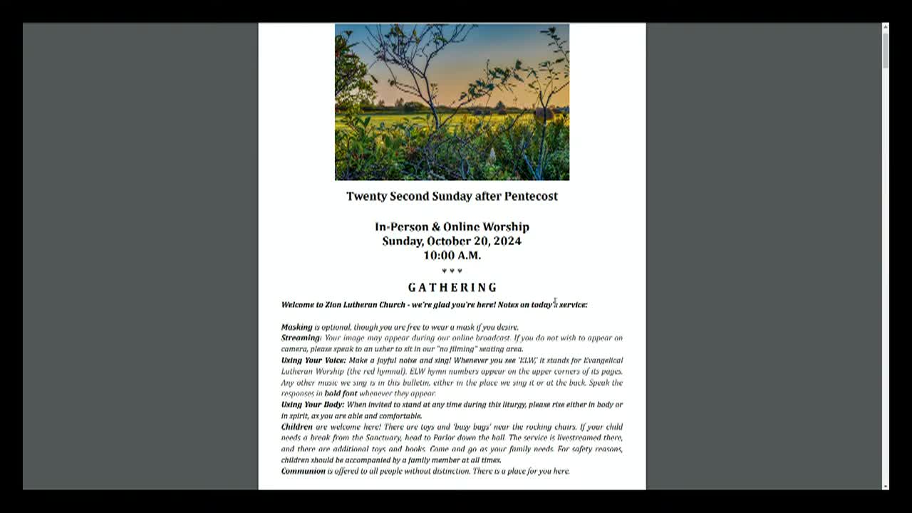 Zion Lutheran Church Service - October 20, 2024